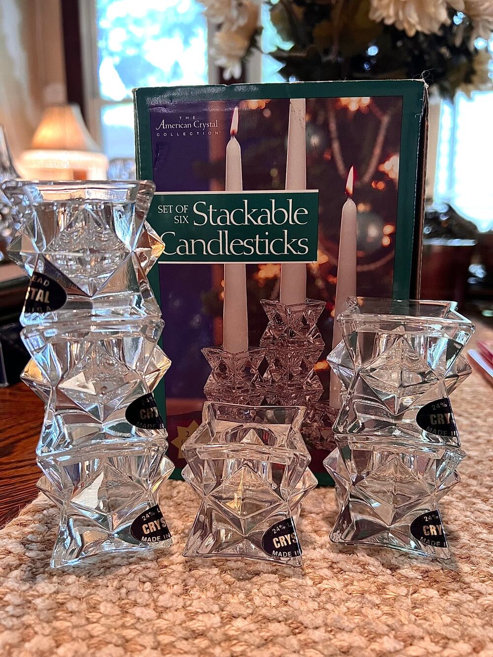 NIB American Crystal Candle Holder Set - 24% Lead Crystal, Stackable